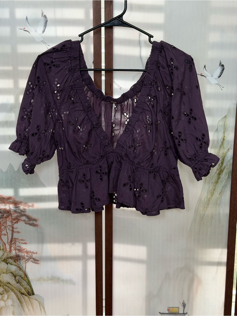 Free People Eggplant Eyelet Peasant Top
